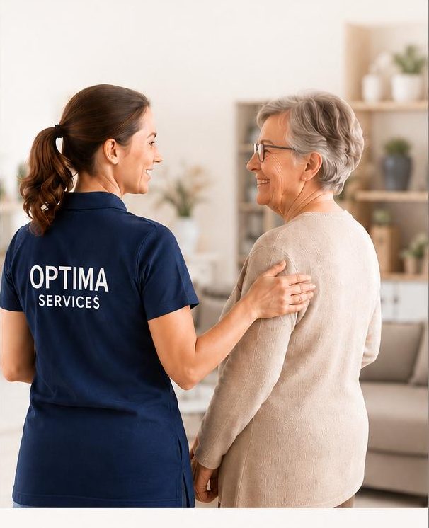 Une intervenante OptimaServices accompagnant une personne âgée