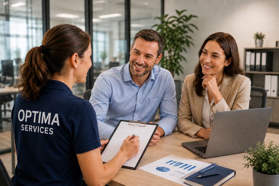 Un conseiller OptimaServices échangeant avec des clients